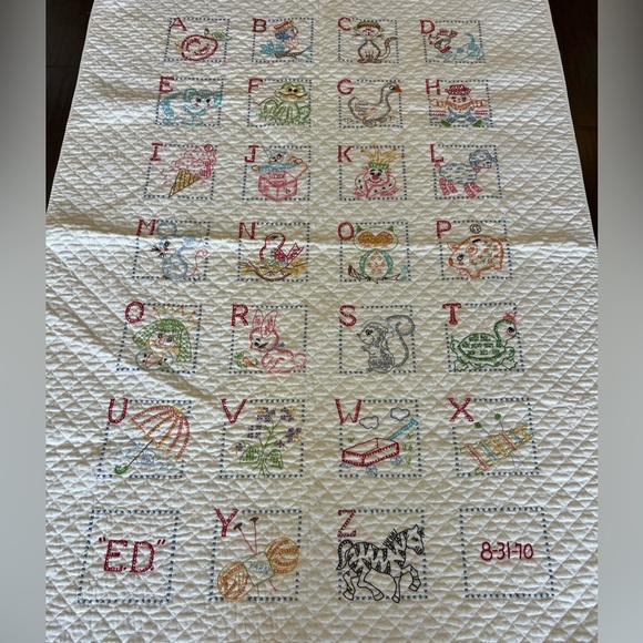 Vintage Cross-Stitch Alphabet Baby Quilt – 1970 – 38” x 56 - Picture 3 of 13